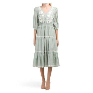 Lucky Brand Long Sleeved V-neck Embroidered Tiered Midi Dress   M